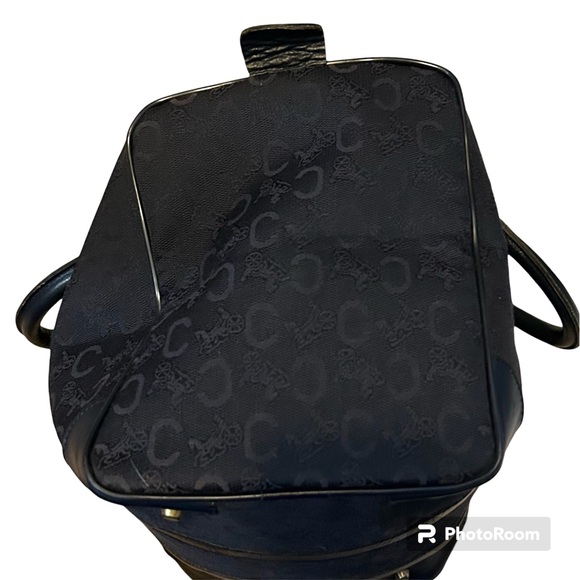 CELINE Authentic Vintage C Macadam Navy Blue Canvas Leather Trim Boston Bag Tote - Picture 5 of 17